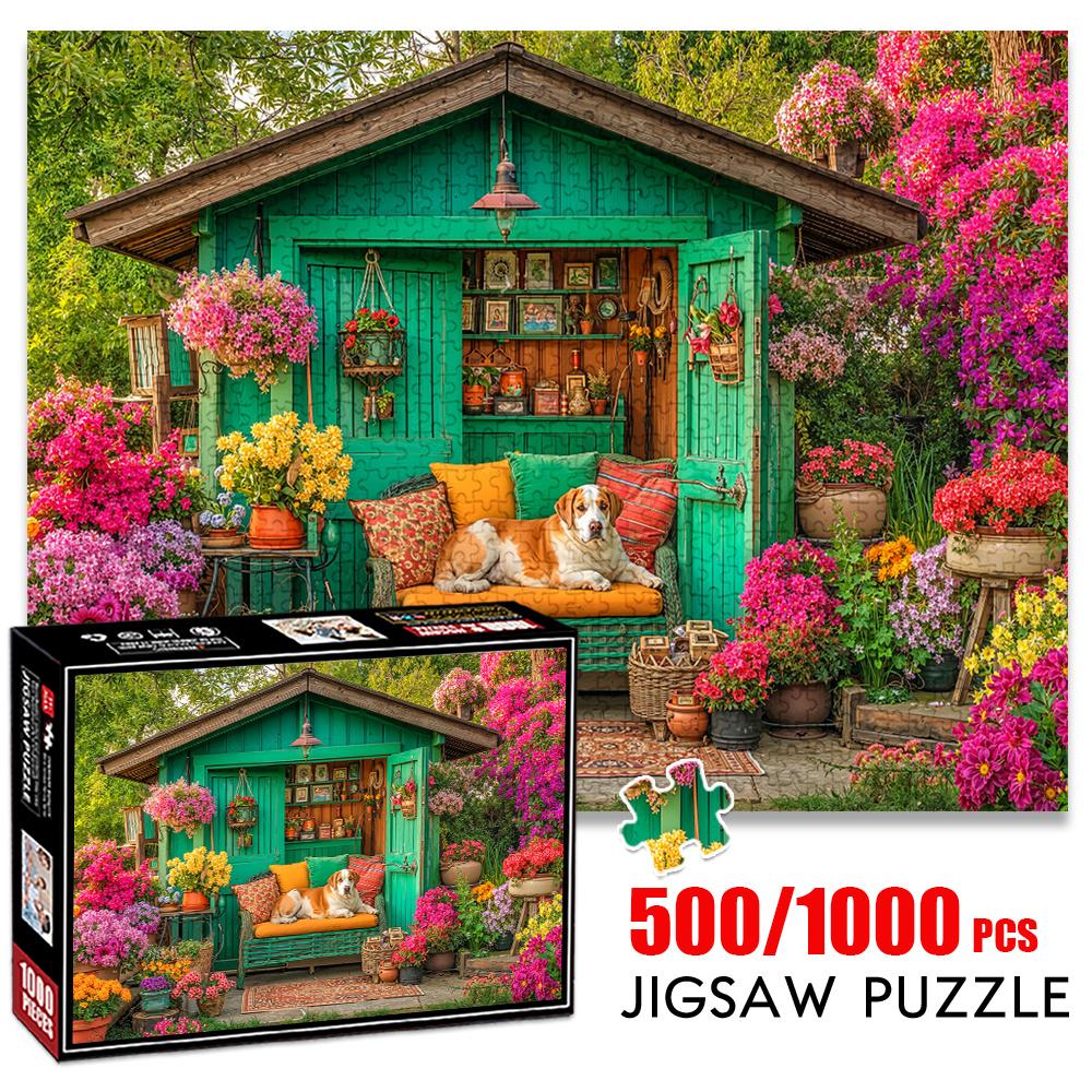 1 Box of 1000pcs Exquisite Jigsaw Puzzle, Large Size, Pastoral Style Green Plant Cottage with Lying Dog, 500pcs Paper Puzzle, Suitable for Exquisite