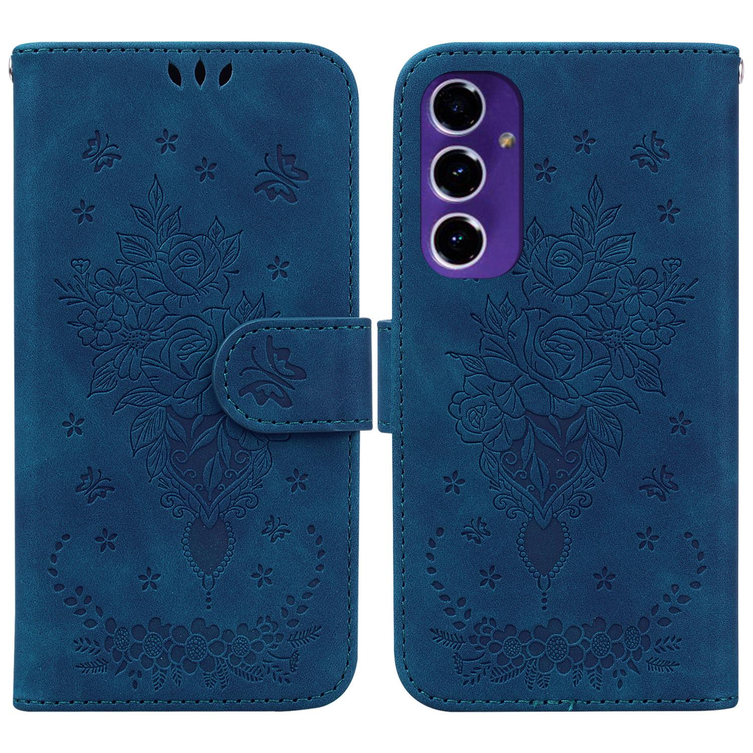

For Samsung Galaxy A16 5G/A16 4G Case PU Leather Wallet Phone Cover Butterfly Flower Imprint Blue