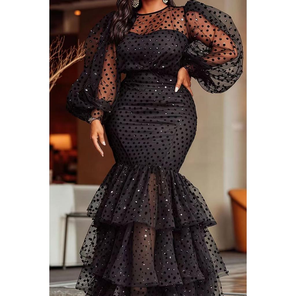 Fall Winter New Plus Size Women's Bubble Flocking Polka Dot Sexy Dress, Leisure Fashion for Women