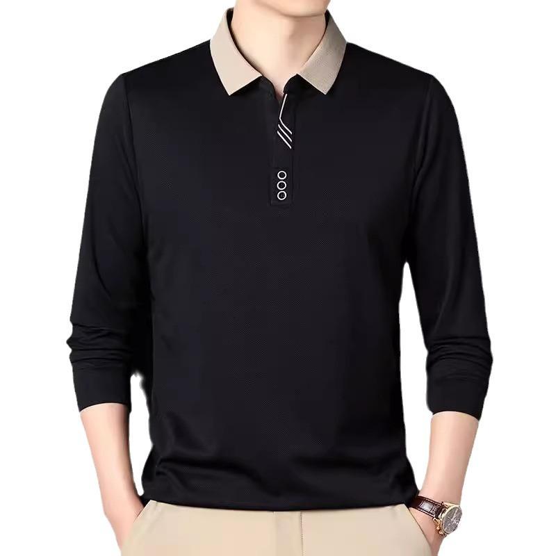 Men's Spring and Autumn Four Seasons Thin Section of Solid Colour Scissor Collar Long Sleeved Polo Shirt Casual Lapel Top T-shirt