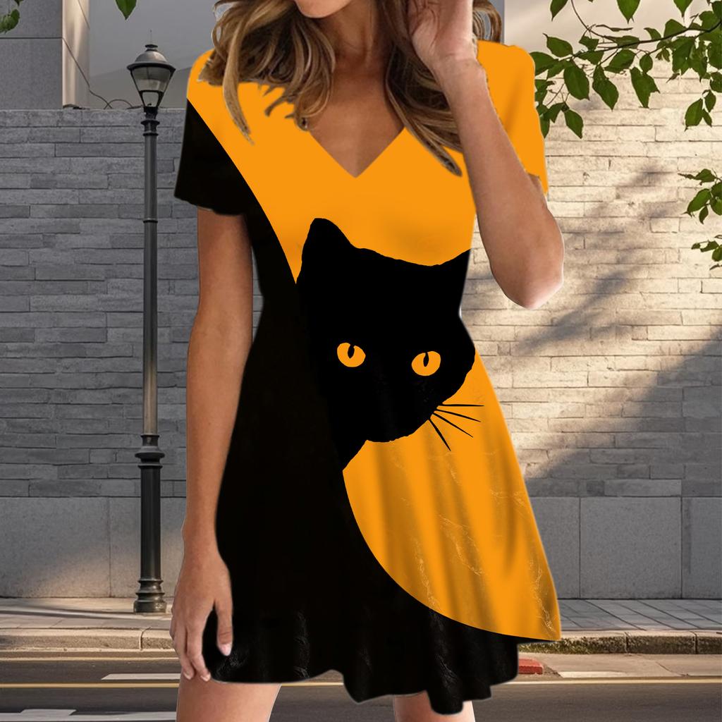 Summer Fashion Women's V Neck Short Sleeve Black Cat Printed  Dress Sex Short Skirt Dresses