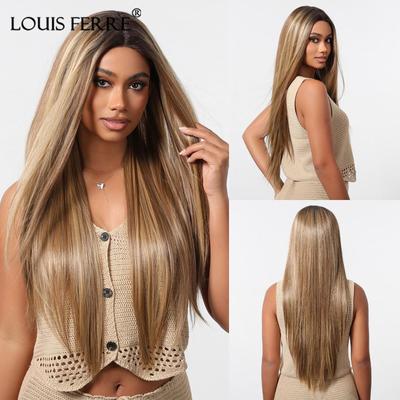Synthetische 13x6 Spitzenperücken, lang, braun, Ombre-Blond, glatte Perücke für Damen, für den Alltag und Partys, hitzebeständige Faserperücken
