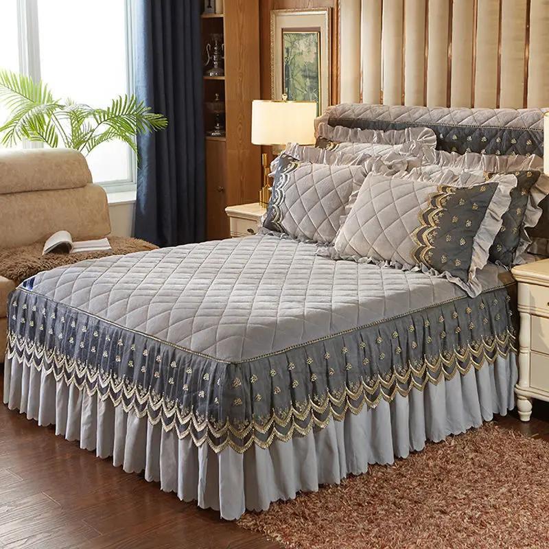 Saia de cama de veludo quente de luxo supermacia, colcha acolchoada de flanela grossa, capa de cama antiderrapante, fronha não incluída, cubre cama
