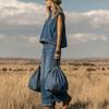 Women's High Neck Sleeveless Loose Denim Top High Waist Wide Leg Denim Pants 2 Piece Outfit Casual Daily Vintage Jean Pant Set