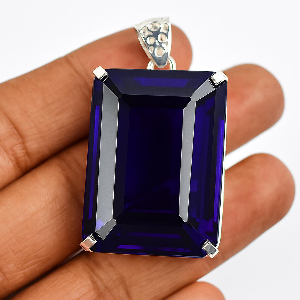 Lab Created 159 Ct CERTIFIED Emerald 925 Sterling Silver Blue Sapphire Pendant AI-96-NS