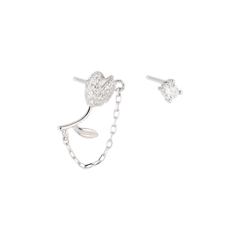S925 silver-plated earrings New niche design advanced sense of light luxury full diamond tulip irregular chain zircon earrings