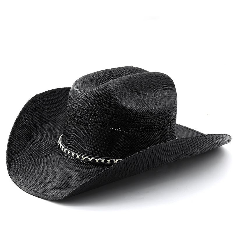 Westlicher Cowboyhut mit geflochtenem Raffiaband, handgewebter Trilby im Cavalier-Stil für Herren Damen Sommer Vintage Lederakzent