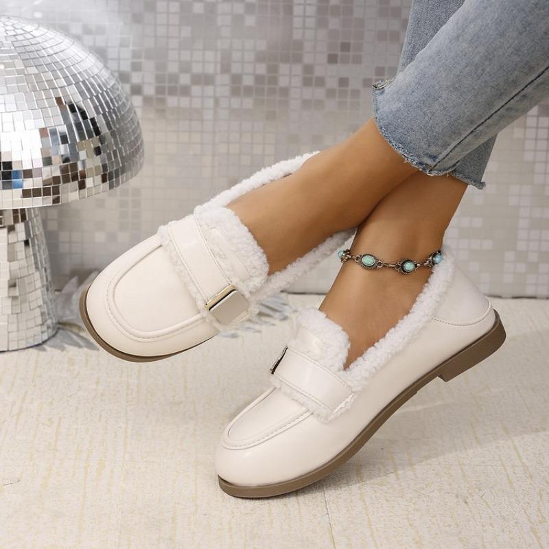 Fashion Women's Flat Shoes Winter New Round Head Deep Mouth Metal Buckle Thick Soft Sole Non-slip Cotton Shoes
