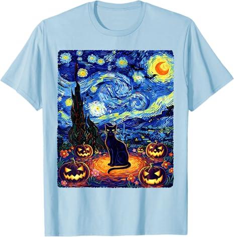 Halloween Black Cat Van Gogh Starry Night Cat Costume Women TShirt Y2k Kitten Pumpkin Spooky Graphic Outfit Novelty Tee Gifts