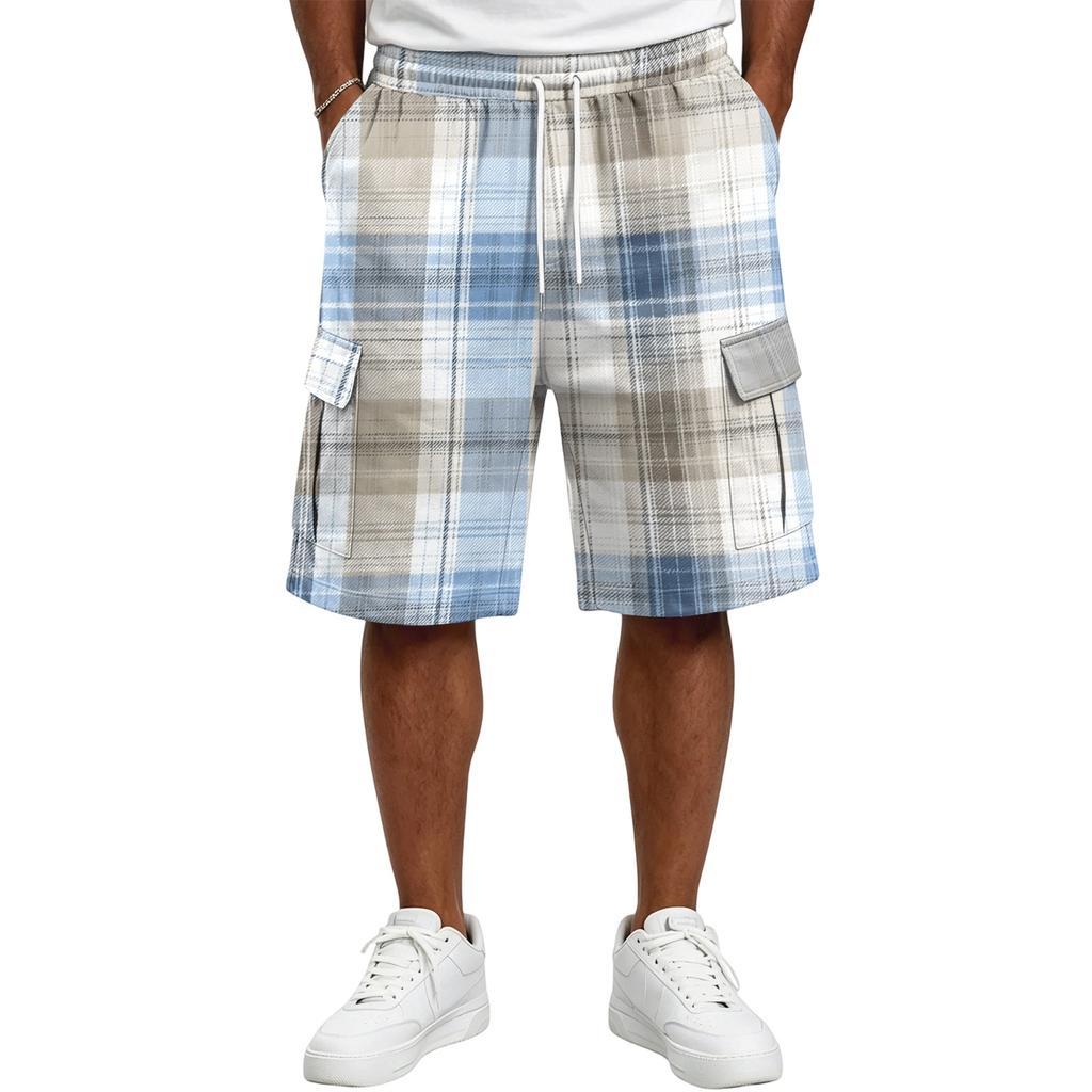 Herren Freizeit karierte Cargoshorts mit Kordelzug Lockerer Schnitt Leicht Atmungsaktiv Sommer Strandshorts mit mehreren Taschen für den Alltag