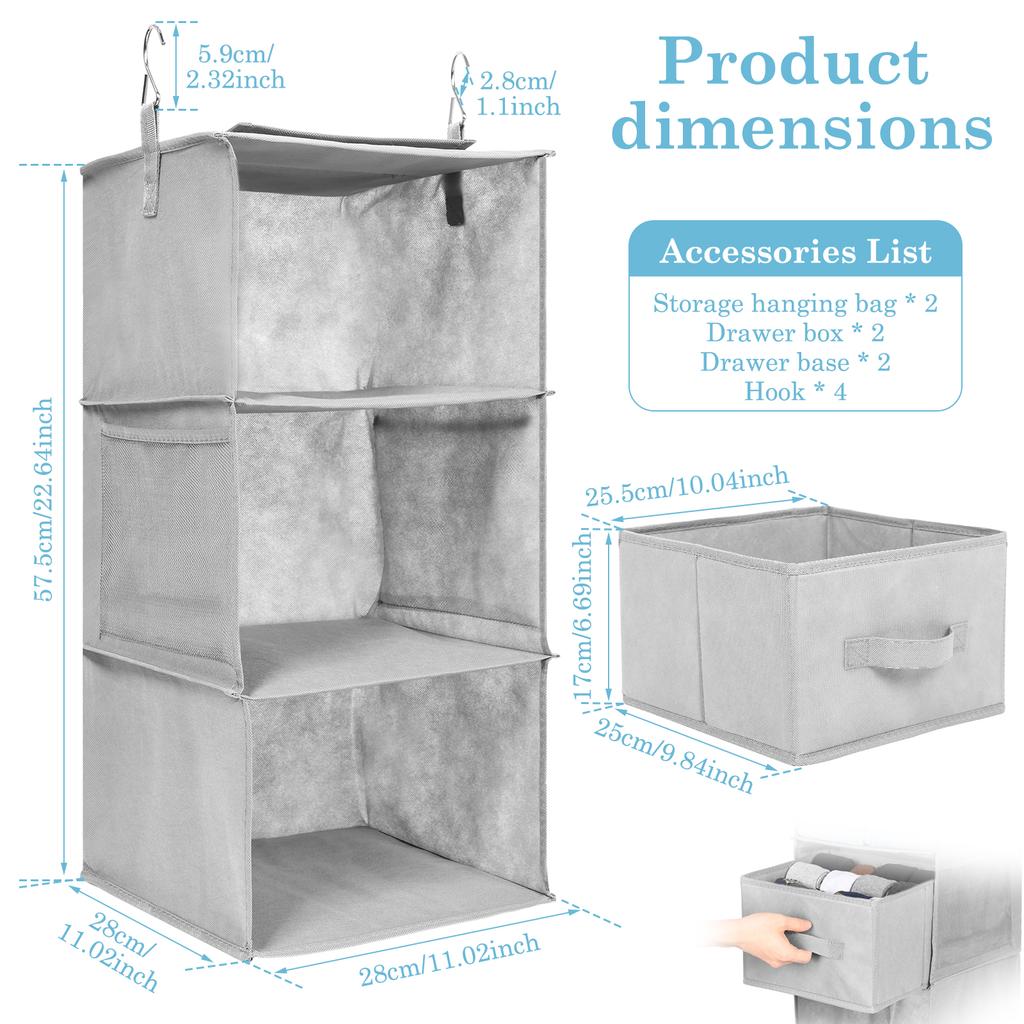 2Pcs 3 Tier Hanging Closet Organizer Foldable Wardrobe Tiered Shelves with Drawer Mesh Pocket Miscellaneous Luggage Storage Bag