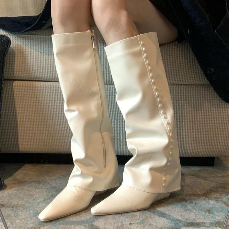 

Fashion Women Cowboy Boots 2025 Autumn Fashion Slip-On Long Pipe Boots Female Sexy Thin High Heel Boots Knee High Botas Botas Mujer 35 бежевый
