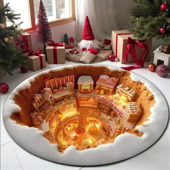 Winter Festive Room Accent Christmas Round Rug, 3D Illusion Mat, Holiday Carpet, Soft Gnome Deer Party Floor Decoration Santa House Rug for