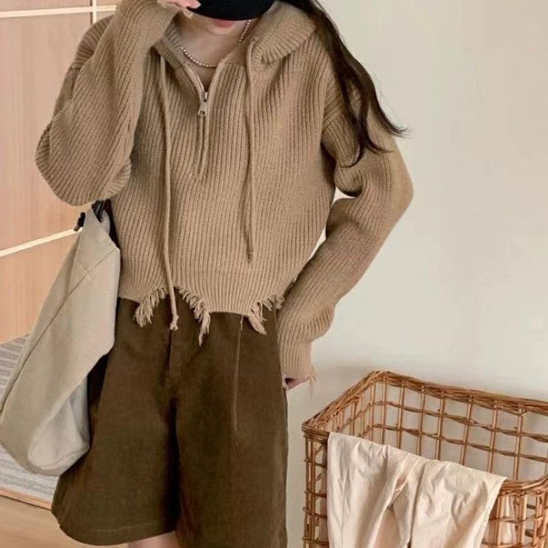 2025 Women's Korean Style Loose Tassel Sweater with Hooded Zipper and Torn Edge Design for Autumn Winter