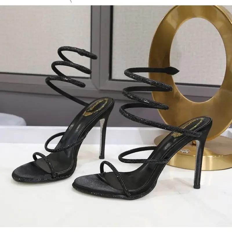 Fashion 2025 Summer Luxurious Sexy Women's Crystal Sandals Fashion Snake Wrap Rhinestone High Heel Sandals Party Wedding Shoes