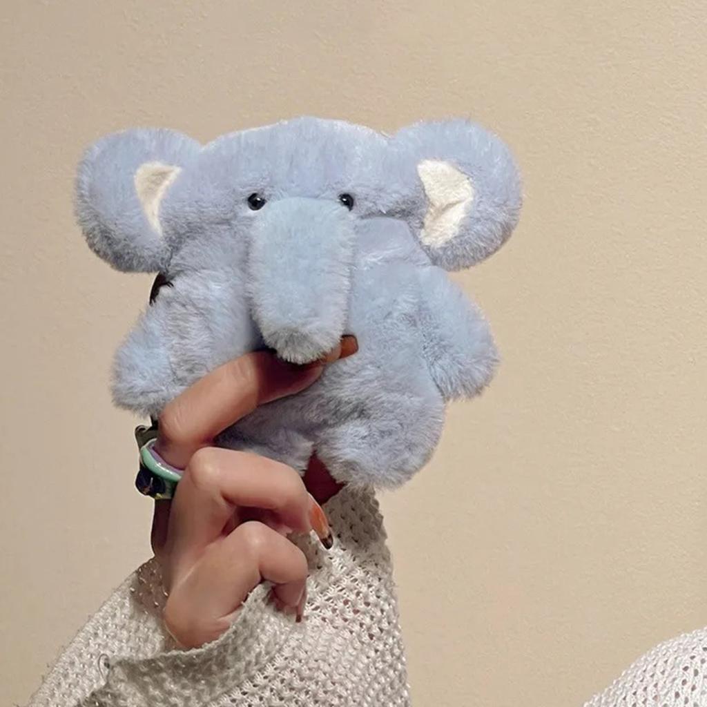 Yousheng Plush Blue Elephant Earphone Case for Airpods 3D Cartoon Fur Animal Headphone Cover for Women Girls