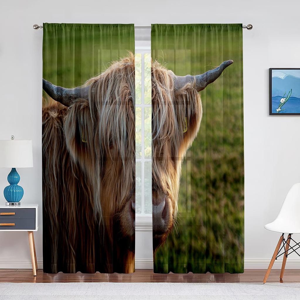 Highland Cow Sheer Voile Curtain Farmhouse Western Cattle Bull Window Tulle Curtains for Living Room Bedroom Kitchen Decoration