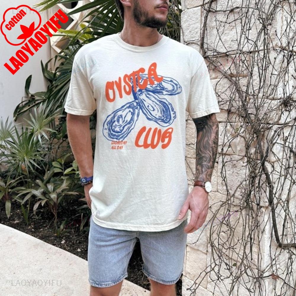 

Oyster Club Foodie Vintage Inspired Beach Graphic T Shirts Summer Woman Man High Quality Cotton Tshirt Unisex Ropa Hombre 4XL