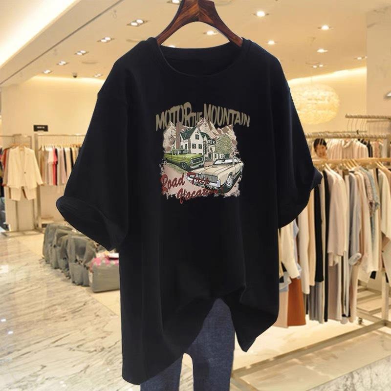 Cotton short-sleeved T-shirt women's 2025 summer new foreign-style cartoon printing large-size loose half-sleeved t-shirt top