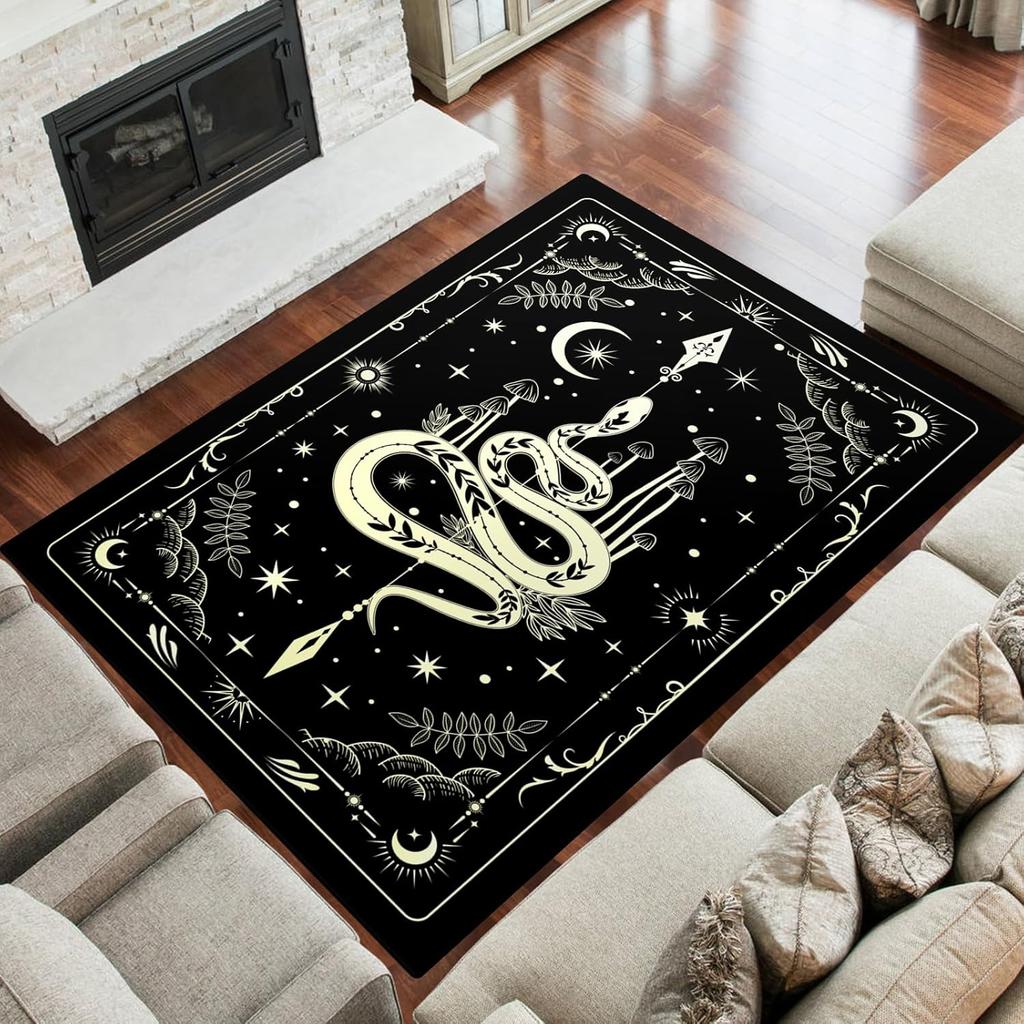 Moon and Snake Boho Area Rug, Non Slip Bohemian Design Rugs for Bedroom Living Room,Gothic Style Stars Floor Mat Pad Area Carpet