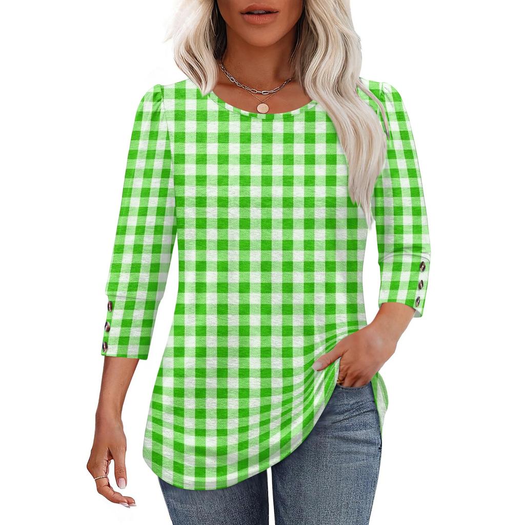 Women Casual Loose Fit Round Neck Three Quarter Sleeve Striped Blouse Button Detail Lightweight Top for Everyday Wear