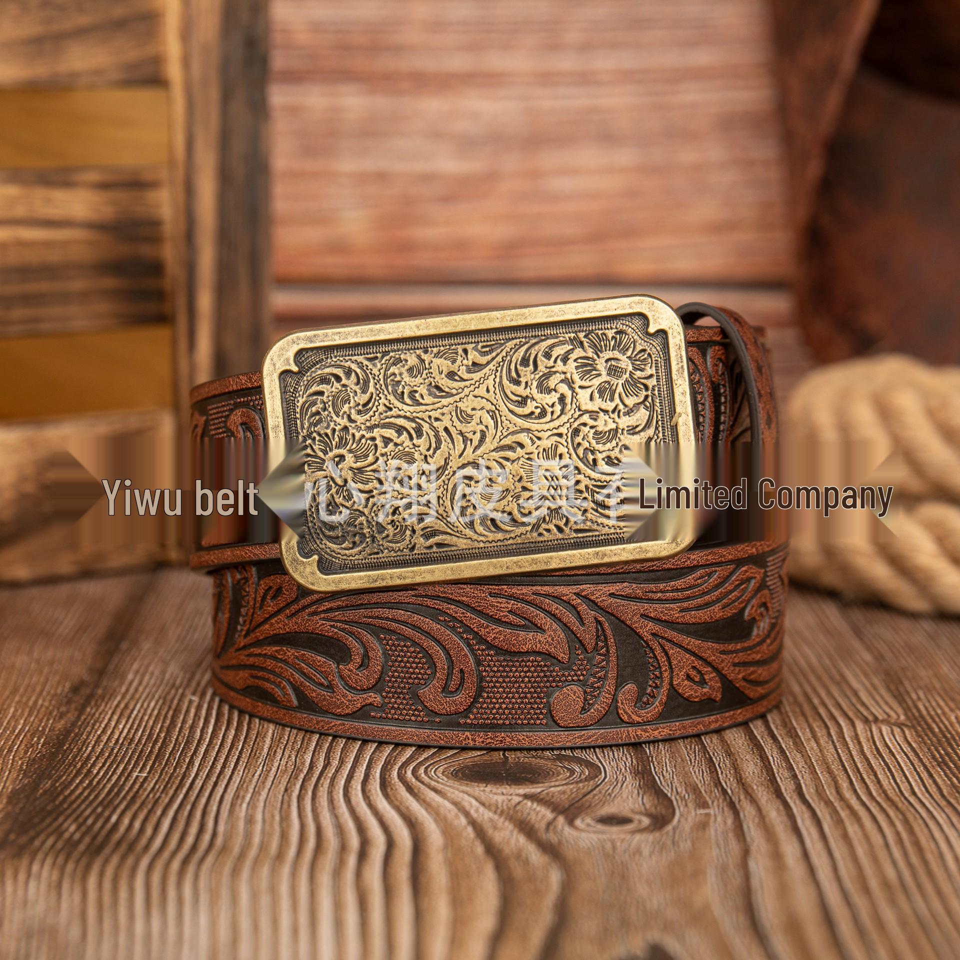 Retro Square Pattern Engraved Buckle Western PU Leather Belt 120cm