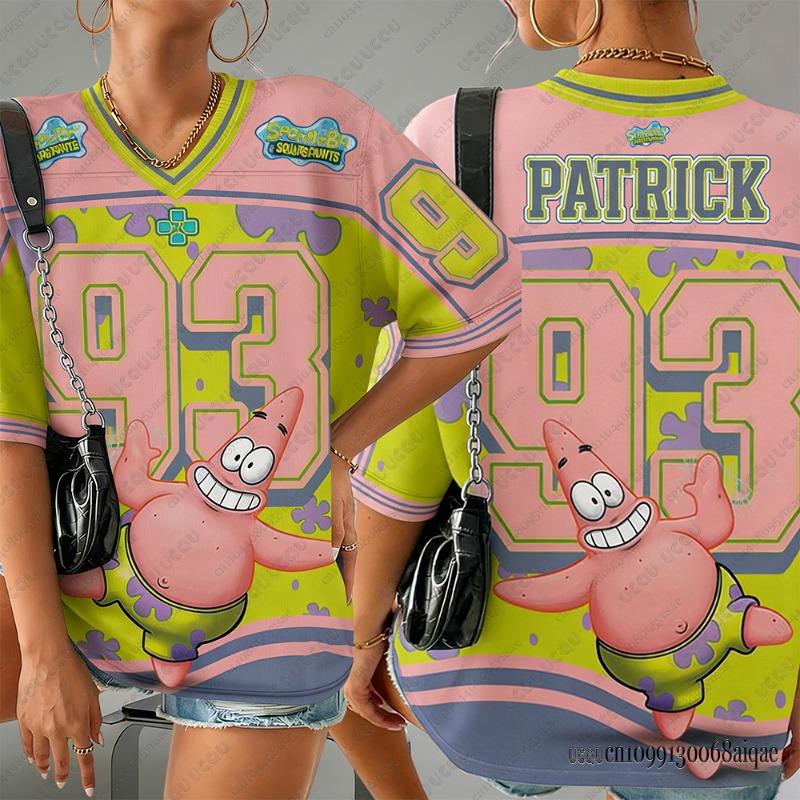 

SpongeBob SquarePants No 93 Print T-shirts For Women Men Summer V-neck Sports Football Jerseys Oversized Y2K Couple Street Tops XL