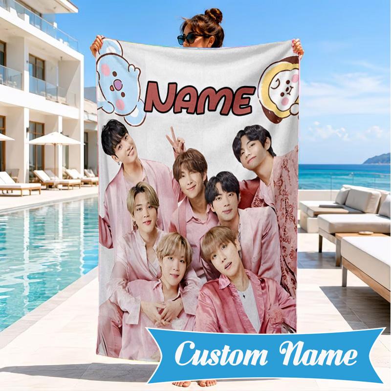 Custom Name K-pop Stars Group Beach Towel Microfiber Beach Towel, Lightweight and Quick-Dry, for Summer Travel, Swimming Pool Gift