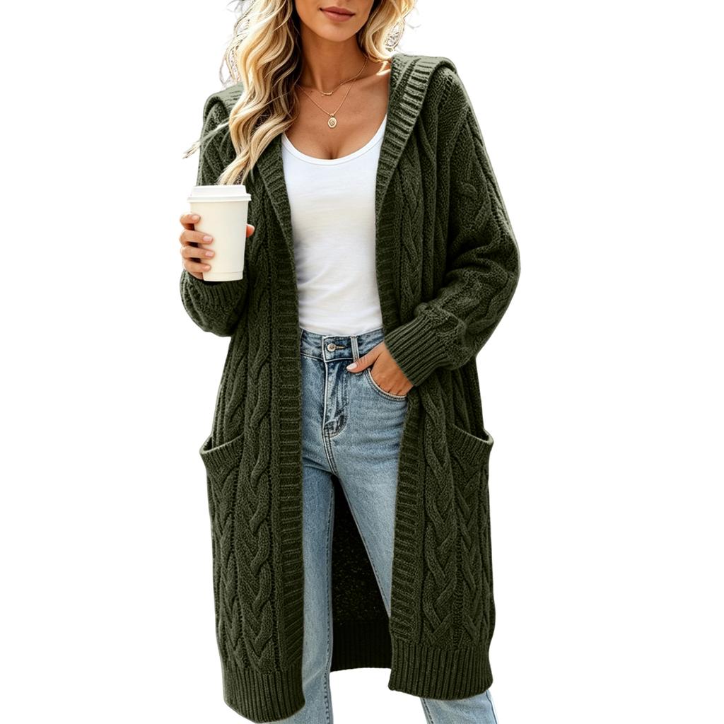 Women's Long Knit Cardigan with Hood - Long Sleeve Sweater Coat with Pockets