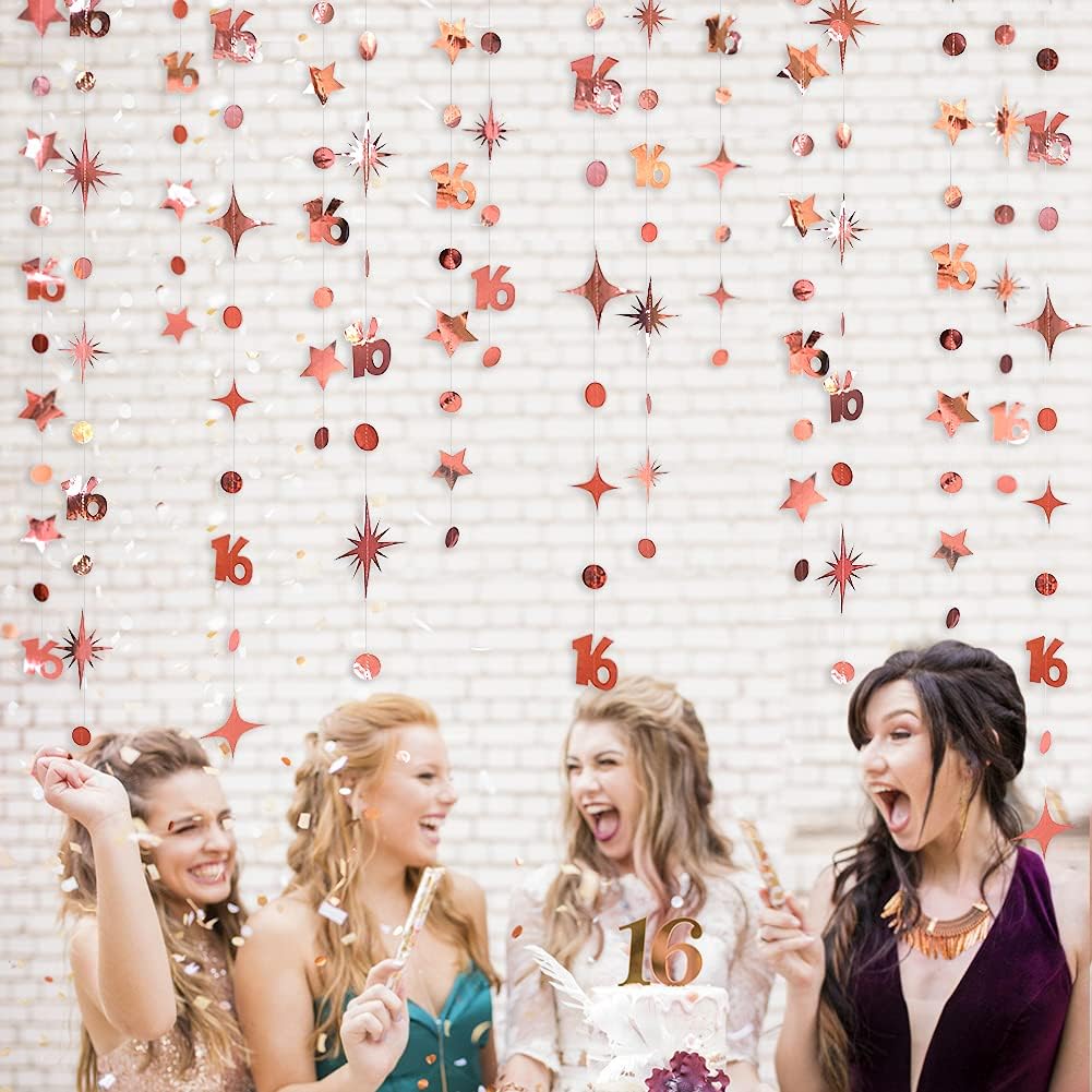 Rose Gold Number 16 Circle Dot Twinkle Star Garland Kit Metallic Hanging Streamer Bunting Banner Backdrop Decorations for Girls 16th Birthday Sweet