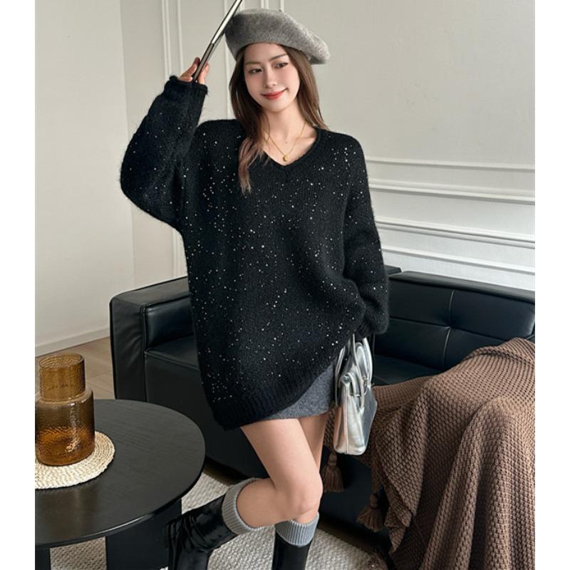 

Красный свитер с V-образным вырезом и пайетками, женский новый изысканный дизайн, нишевый, свободный, ленивый ветер, вязаный свитер-топ one size fits all чёрный