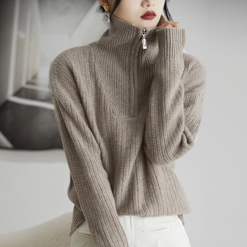 Women's 100% Wool Half-Zip Sweater - Thickened Lapel, Autumn/Winter, Loose Fit Sweater Top.