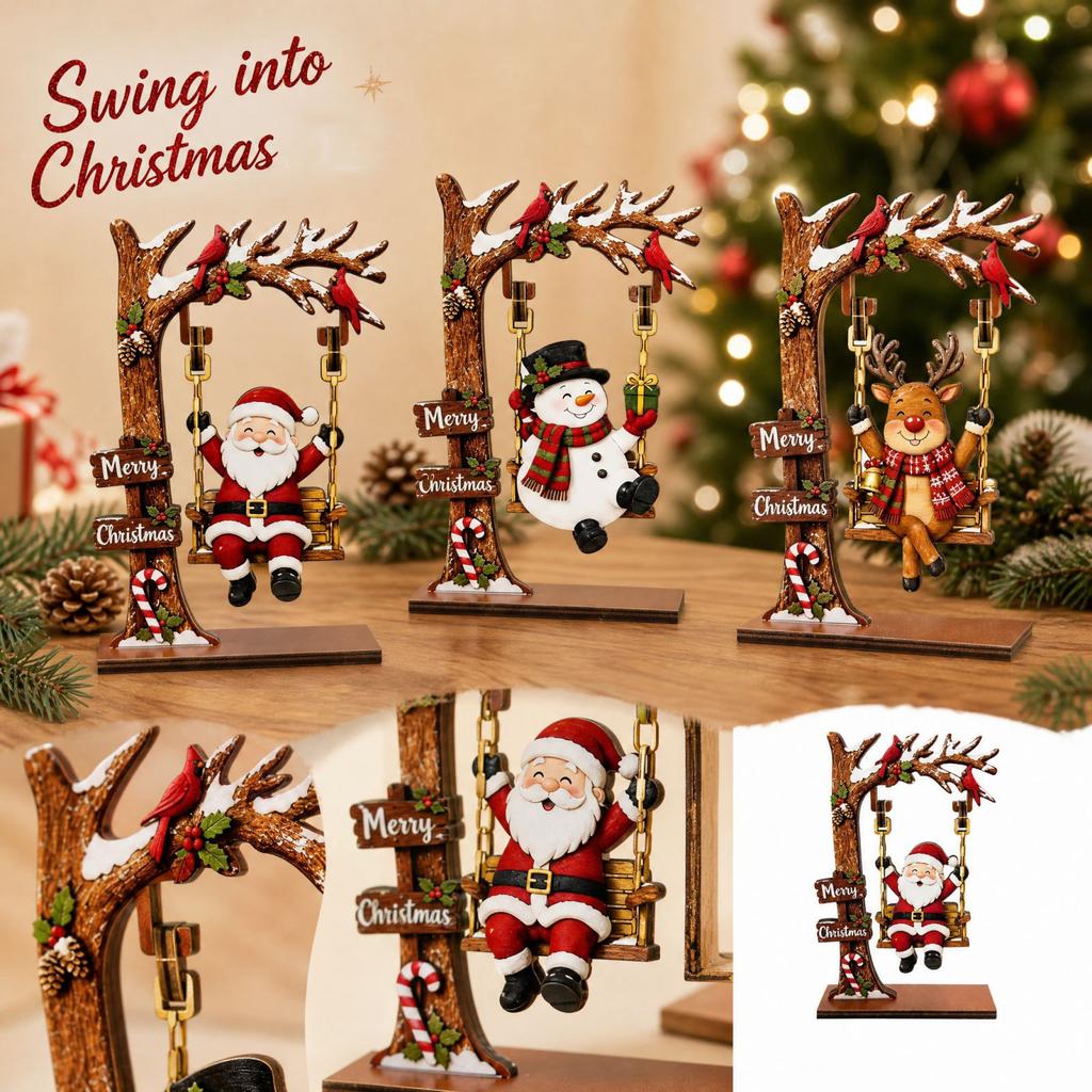 Wooden Christmas Santa and Snowman Swing Ornament for Tabletop Holiday Decoration