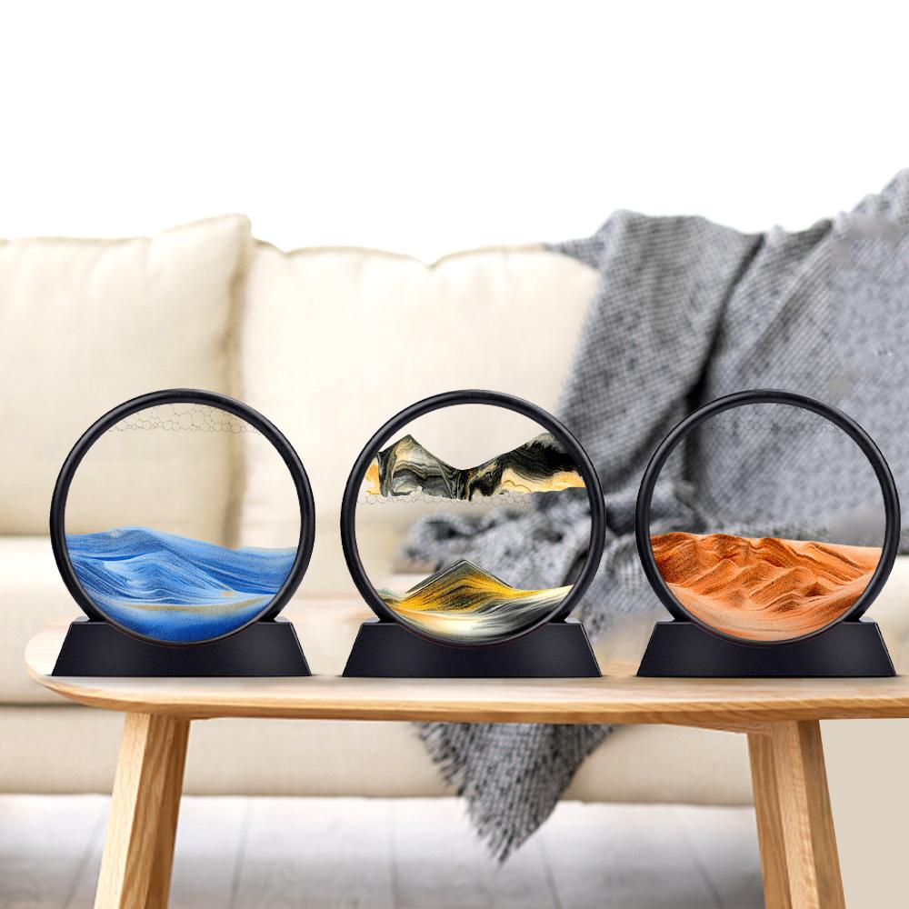 3D Hourglass Round Glass Deep Sea Sandscape In Motion Display Flowing Sand Frame Moving Sand 7/12inch for Home Decor