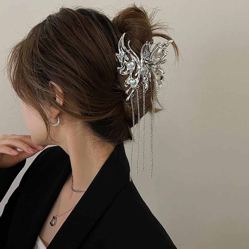Exquisite Butterfly Tassel Hairpin Vintage Chain Ribbon Hair Claw Clip Crab for Women Silver Color Hair Accessories