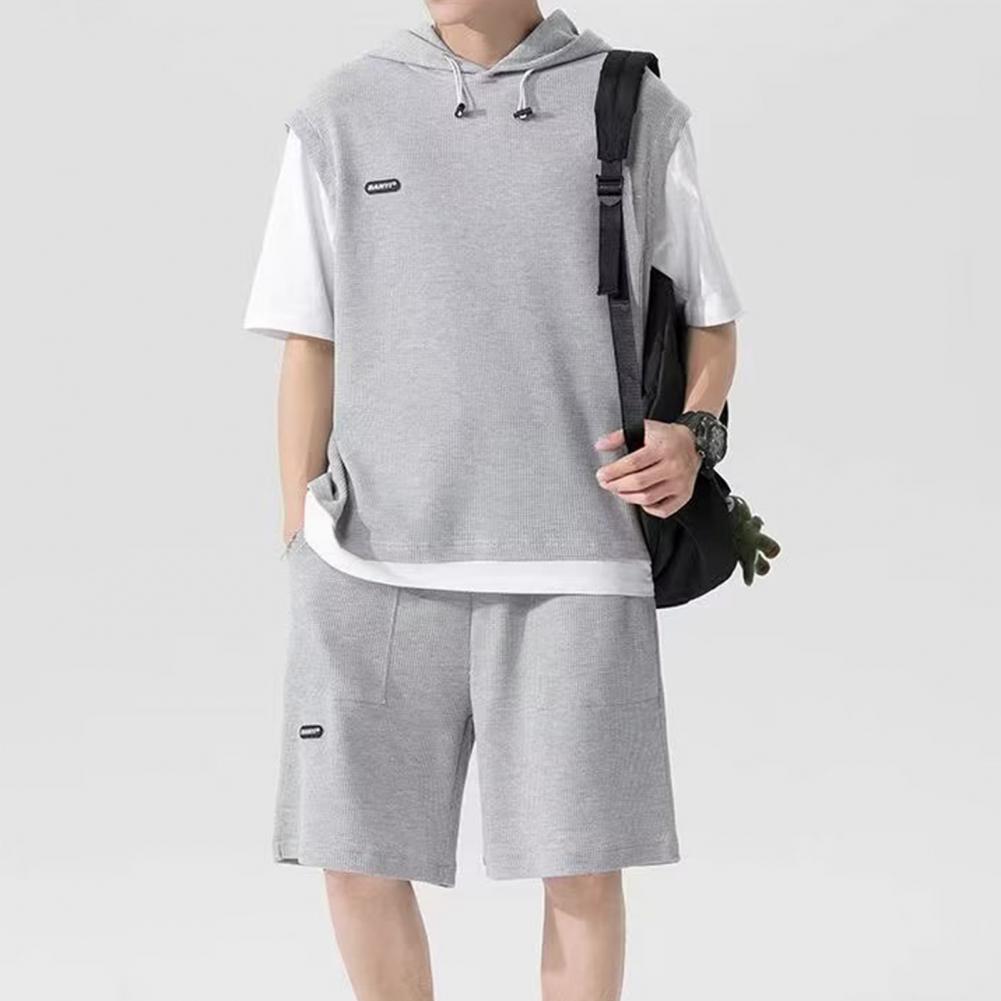 

Two Pieces Outfit Men s Casual Sport Outfit Set with Hooded Drawstring Top Elastic Waist Shorts Waffle Texture for Active XXXXXL сірий