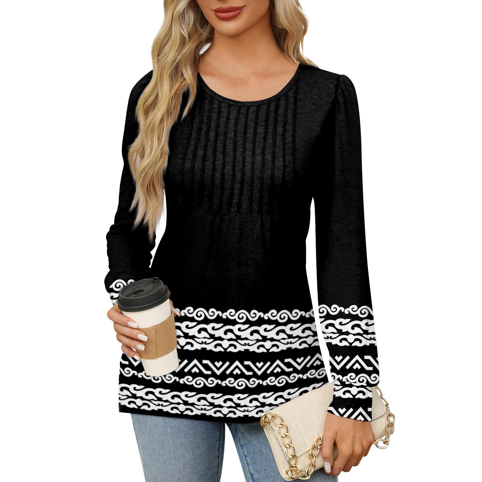 

Женская повседневная плиссированная футболка с круглым вырезом и длинными рукавами с градиентным принтом L чёрный