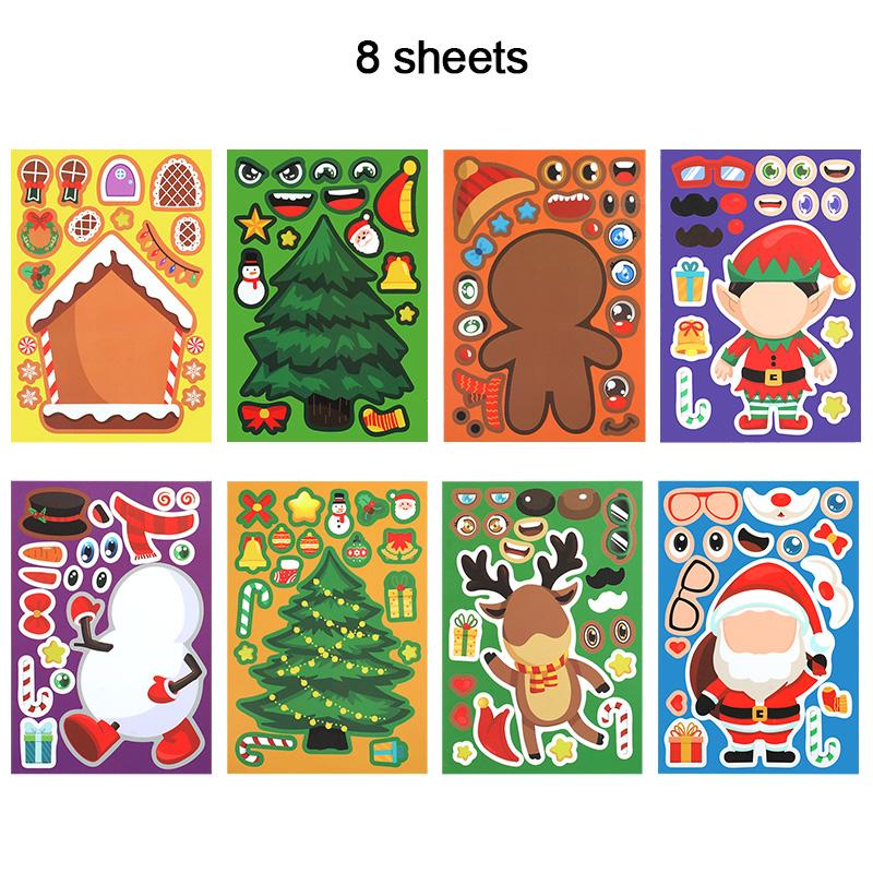 8/16Sheets Christmas Puzzle Stickers Santa Snowman Xmas Tree Make a Face Sticker Kids Party Favors Toy Gift New Year Decoration