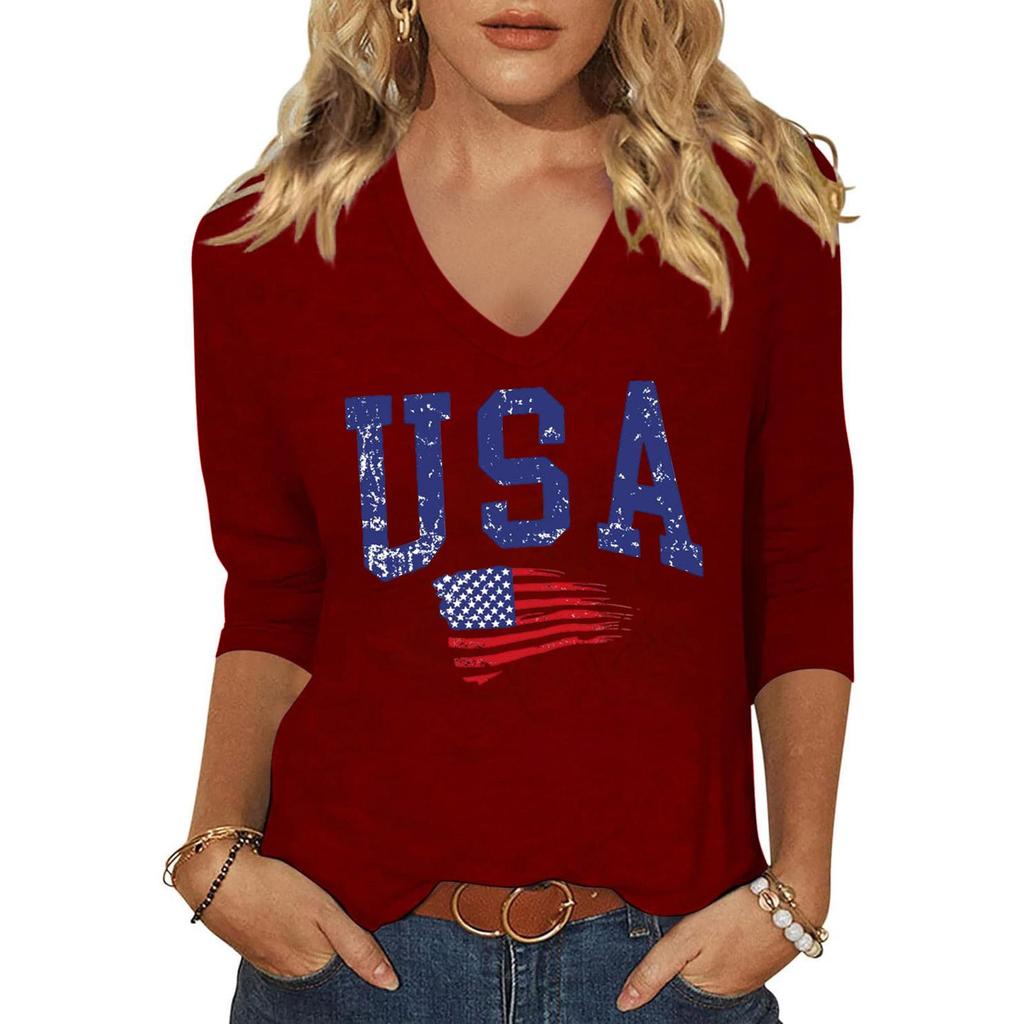 Women Casual V Neck Long Sleeve Top USA Letter Print Lightweight Loose Fit Pullover Shirt for Everyday Wear and Holiday Events