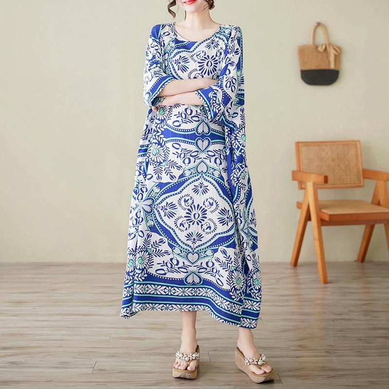 DIMANAF 2025 Plus Size Summer Dress Women New Vintage Printing O-Neck Loose Casual Dress Long Dress Maxi