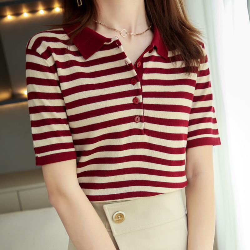 

DAFIFY Женская Мода Повседневные Летние Весенние Блузки и Рубашки с Коротким Рукавом и Поло-Воротником с Полосатым Принтом XXL красный