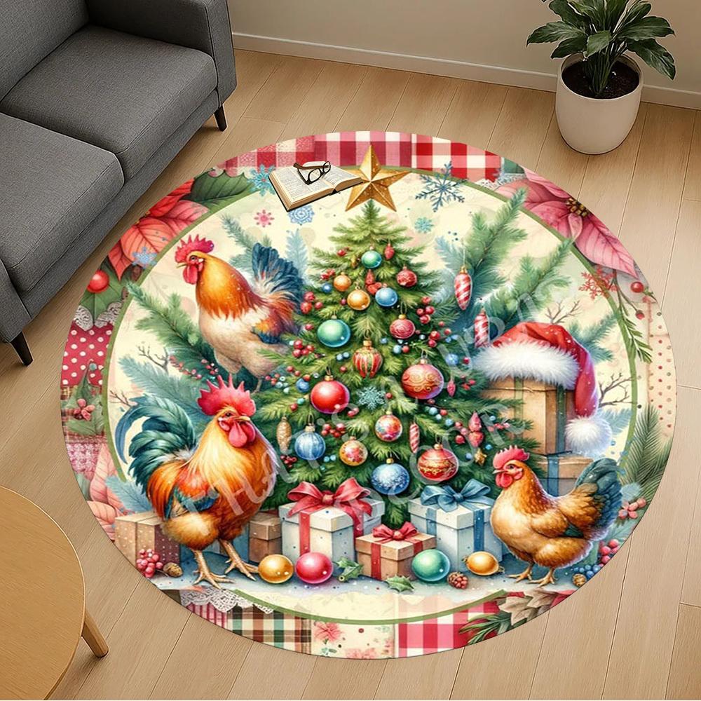 1PC Christmas Tree Rooster Office Round Area Rug, Under Office Chairs Bedroom Living Room Home Decor,Carpet for Office, -1110274
