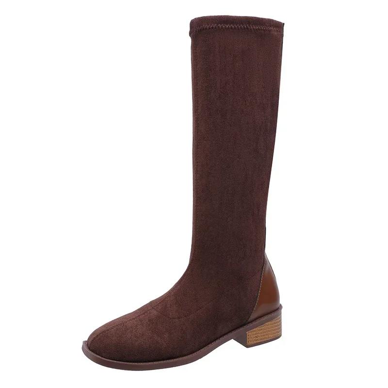 

Модная обувь 2024 года для женщин, женские ботинки на молнии, зимние ботинки с круглым носком, однотонные ботинки средней высоты, на массивном каблуке, ботинки-носки, Zapatillas De Mujer 35 коричневый