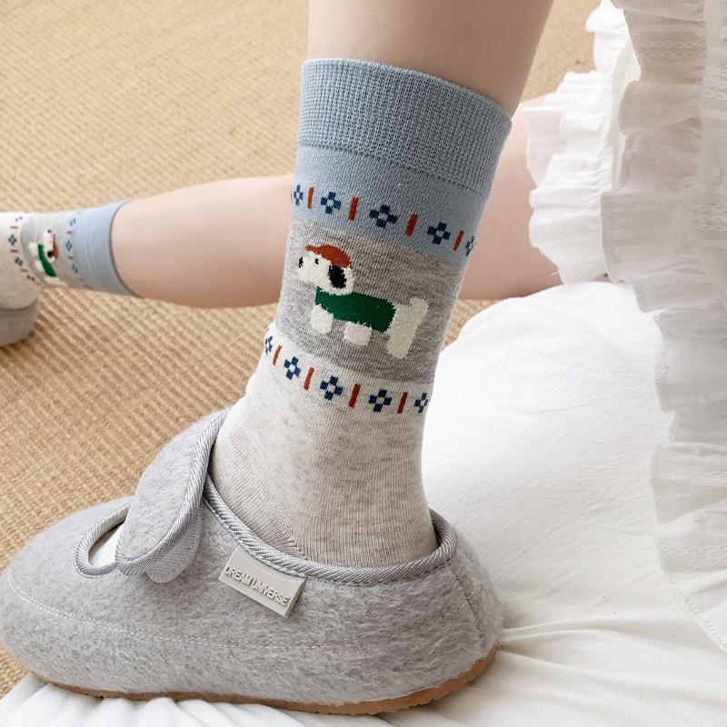 Fer Island Children's Autumn-winter Mid-length Plush Socks Featuring Cute Cartoon Cats and Dogs with Fleece Material and Without Bones