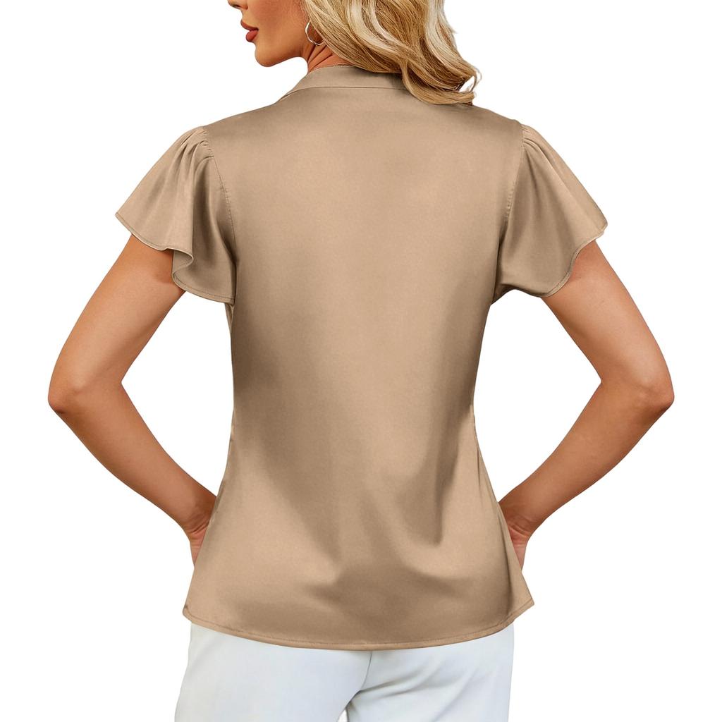 Womens Satin V Neck Short Sleeve Blouse Elegant Loose Fit Pullover Top with Flutter Sleeves for Office Daily Wear