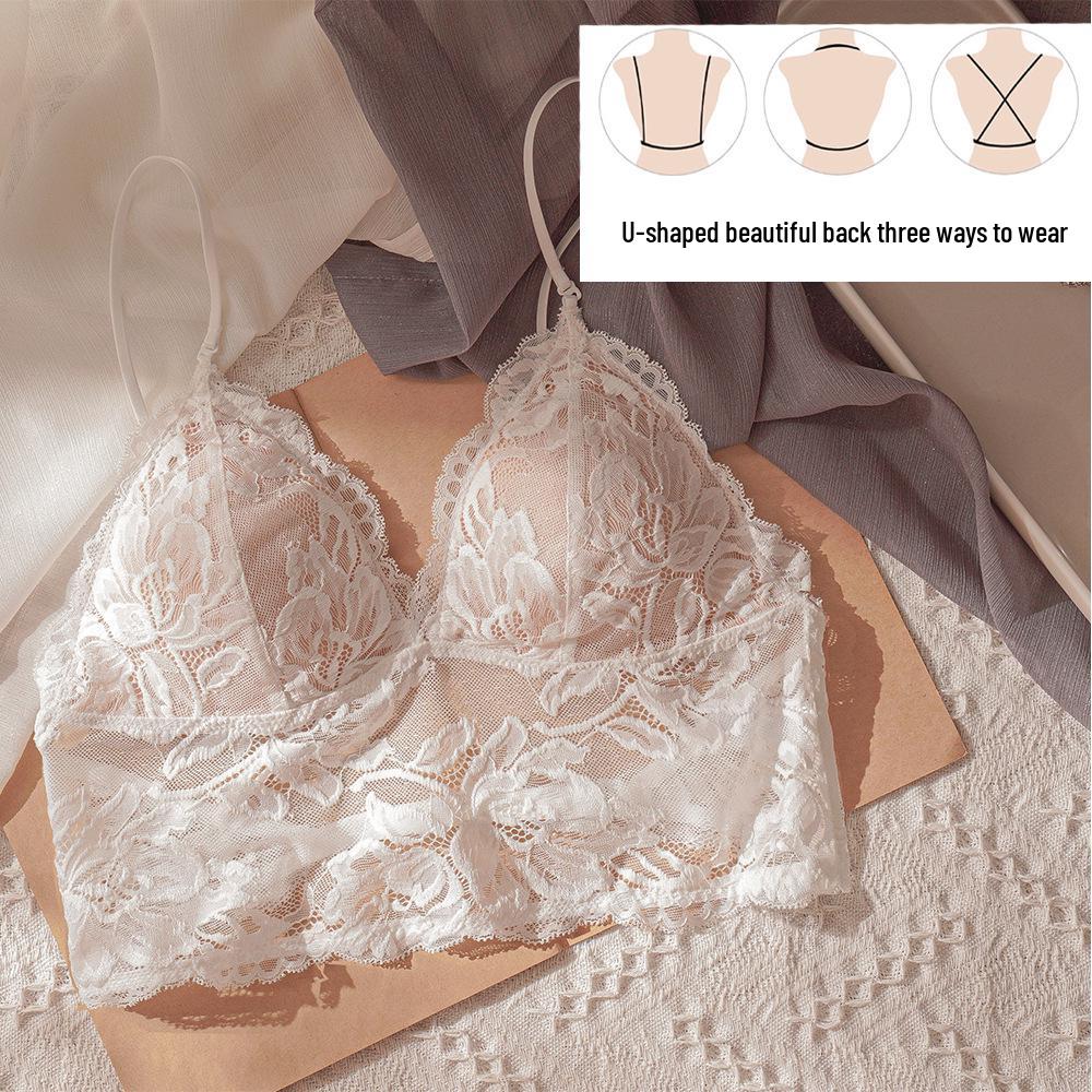 Lace Wire-Free Triangle Cup Bra & Panty Set with Strappy Design and Chest Pads for Small Busts