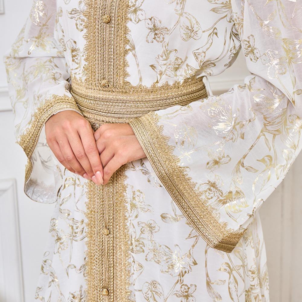 Women's Evening Gown: Stylish Long Dress Featuring Textured Floral Patterns and Gold Foil Accents