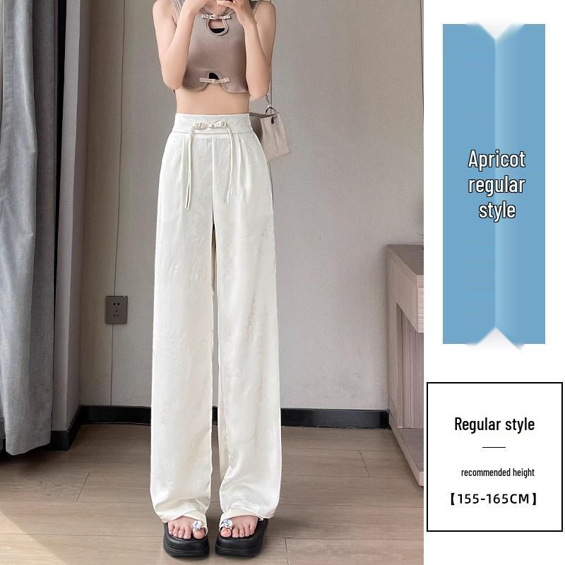 Women's Satin Jacquard Straight Leg Pants - Summer, High-End, Thin, New Chinese Style, Ice Silk, Narrow, Wide Leg.