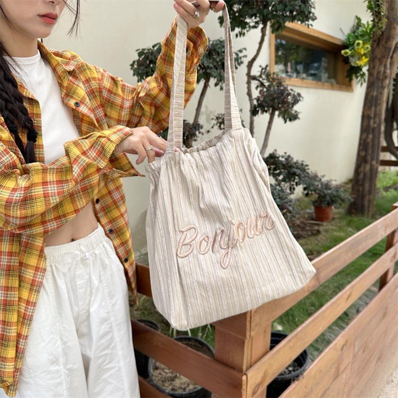 2 striped letter embroidered shoulder tote bag drawstring large capacity canvas bag commuter shopping bag