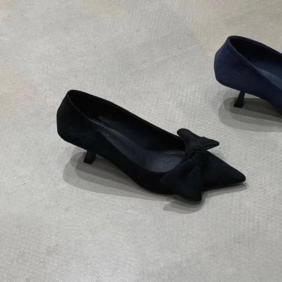 2025 autumn new pointed suede bow retro high heels women's fashion versatile stiletto commuter shoes
